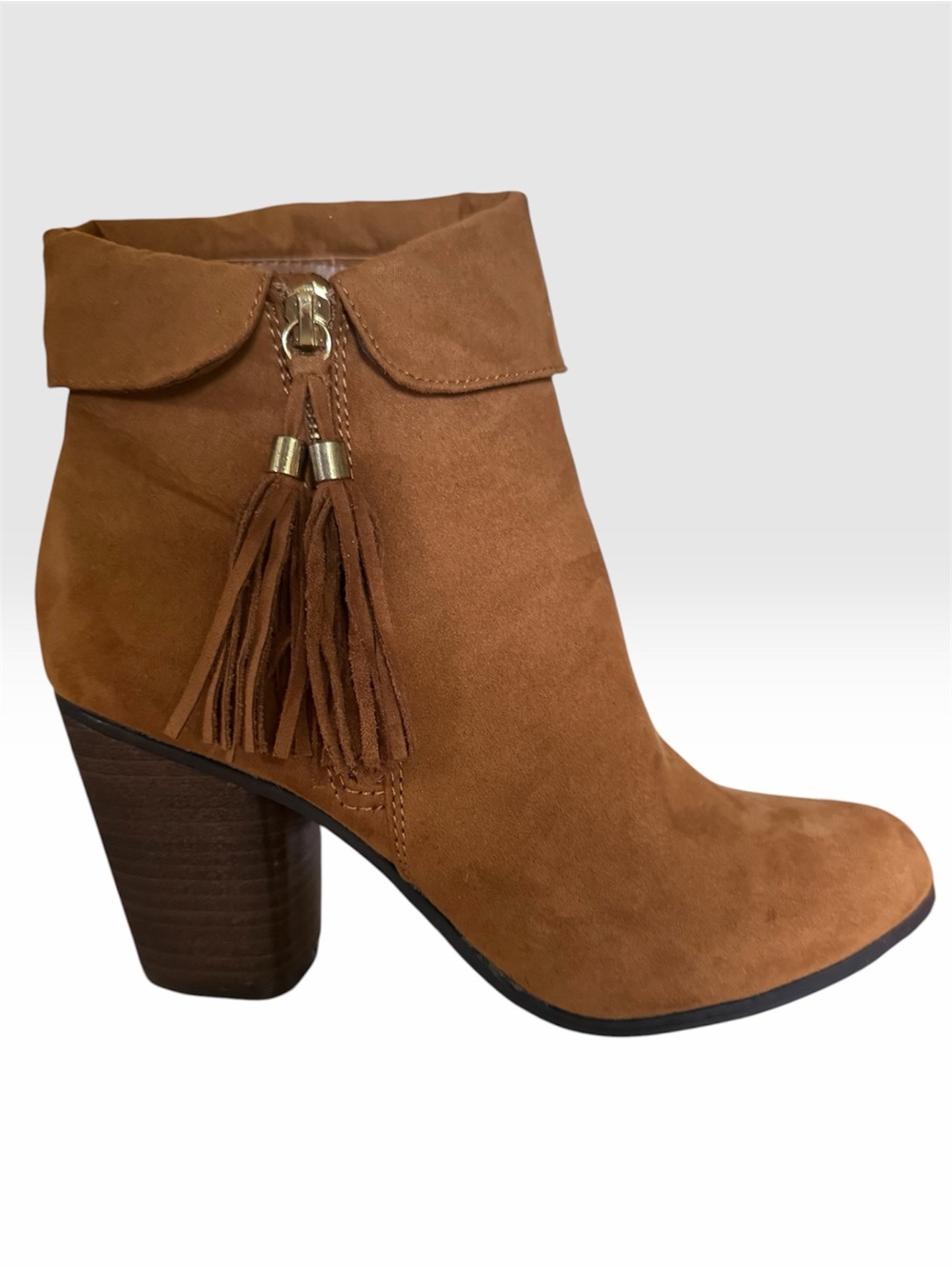 Lauren Conrad LC Cognac Faux Suede Boho Tassel Ankle Boots Block Heel Women’s 9M